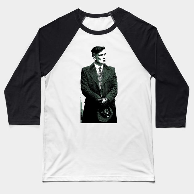 Thomas Shelby emotionally, with leather gloves and a hat, stands well dressed in his coat as abstract art Baseball T-Shirt by ComicPrint